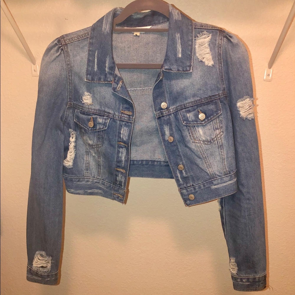 Cropped Distressed Denim Jacket